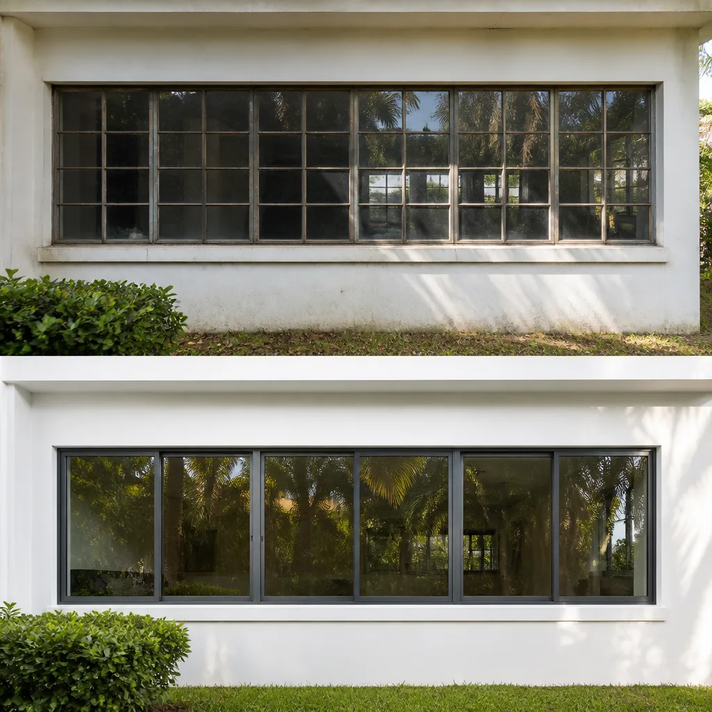 Modern sliding window replacement showing before and after comparison